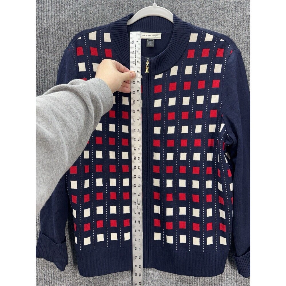 ST. JOHN Sport Wool Blend Cardigan Jacket Size Large Blue Red Full Zip Up Knit - Picture 6 of 8